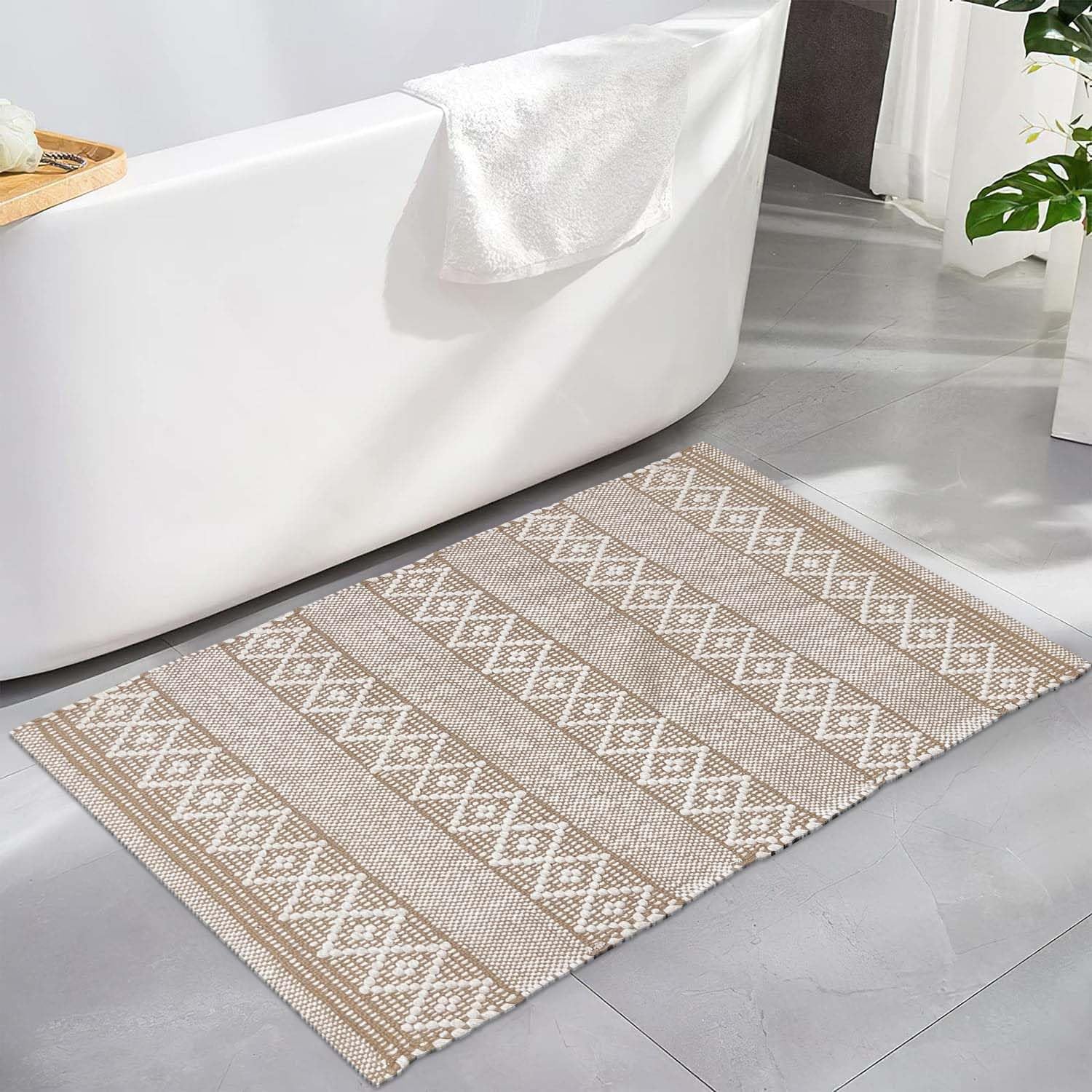 Photo 1 of Chardin home Beige & White Boho Throw Rug 2x3 feet |Hand Woven Farmhouse Rug | Great in Kitchens entryways doormats Bathrooms Meditation Mat | Machine Washable & Reversible Cotton Rugs