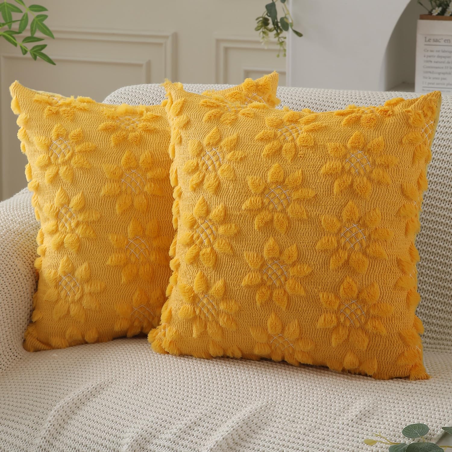 Photo 1 of DFXSZ Spring Summer Pillow Covers 18x18 inch Set of 2 Farmhouse Decor White Flower Heart Sunflower Yellow Soft Plush Faux Fur Jacquard Throw Pillows for Sofa Holiday Spring Home Decor PTK024D18