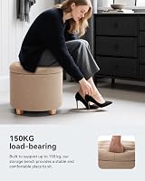 HNNHOME 45cm Round Linen Padded Seat Ottoman Storage Stool Beige view 4
