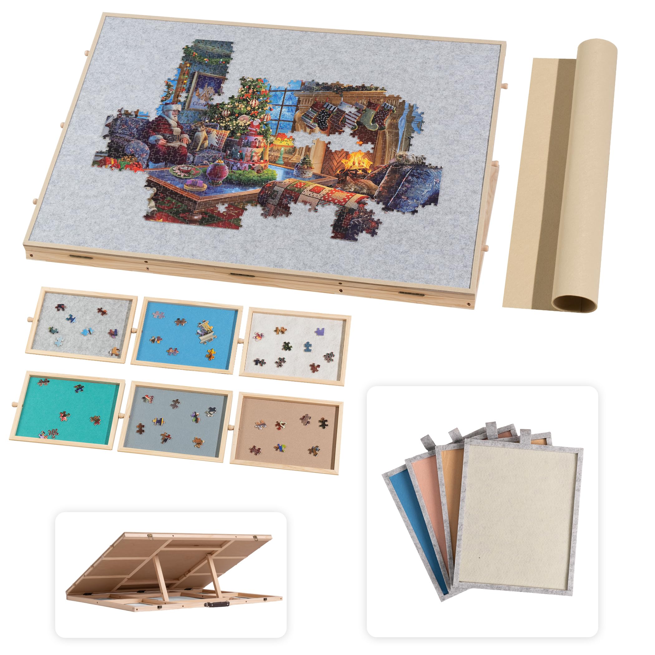 Lavievert 1500 Piece Tilting Puzzle Board with 6 Colored Drawers & 4 Felt Trays, Adjustable Wooden Puzzle Plateau with Built-in Easel/Stand, Portable Jigsaw Table with Cover & Handle for Adults