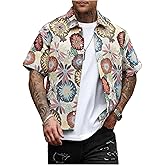 BEAUDRM Men's Floral Button Down Shirt Casual Vintage Short Sleeve Collar Shirts Vacation Top Streetwear