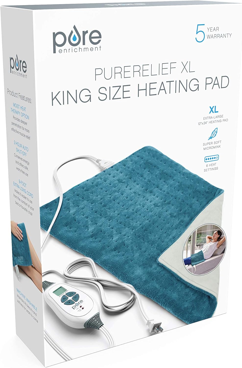 Pure Enrichment PureRelief XL (12"x24") Electric Heating Pad for Back Pain and Cramps - Ultra-Soft with 6 Temperature Settings, Auto Shut-Off, and Moist Heat (Turquoise Blue): Health & Personal Care