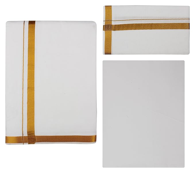 Men's Mix Cotton Mapla Set (White,Dhoti,Shirt piece & Towel)