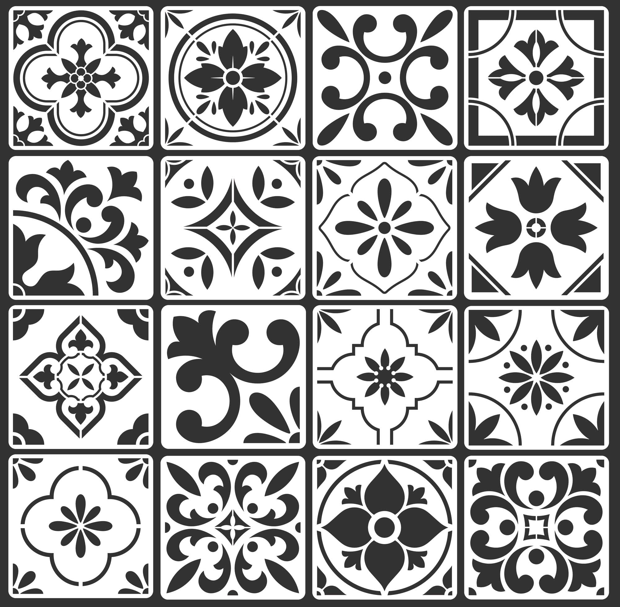 Photo 1 of 16-Pack Spanish Tile Stencil Set (8X8 Inch) Authentic Patterns for Floor and Wall, Reusable Tile Stencils for Painting on Floors, Furniture, and Canvas, DIY Spanish Talavera Home Décor