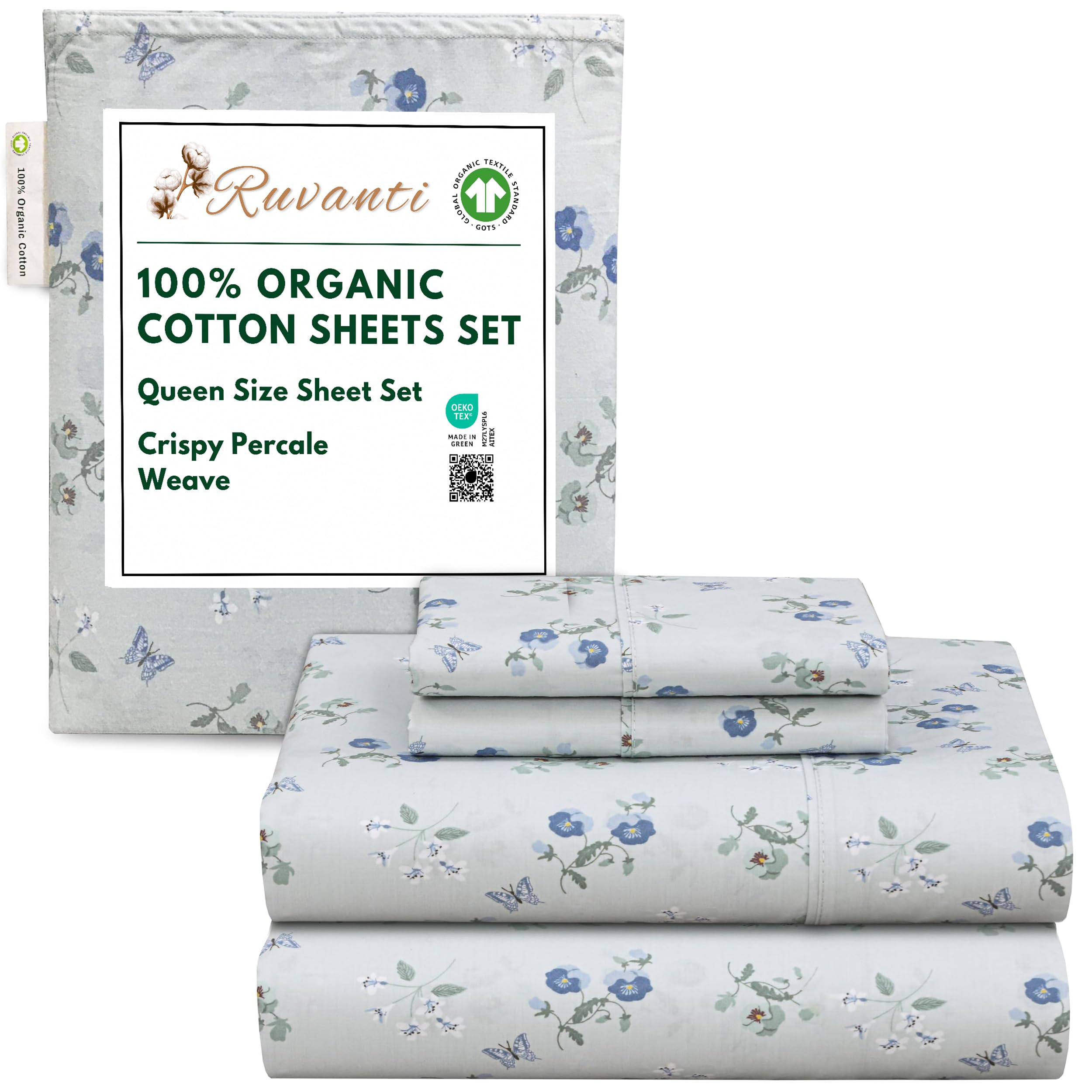 Photo 1 of RUVANTI 100% Organic Cotton Sheets Queen Size, Percale Weave, GOTS Certified, 4-Piece Set, Deep Pocket 15", Crisp & Breathable, Soft Durable Bedding, Sábanas Algodón Orgánico – Butter Flight