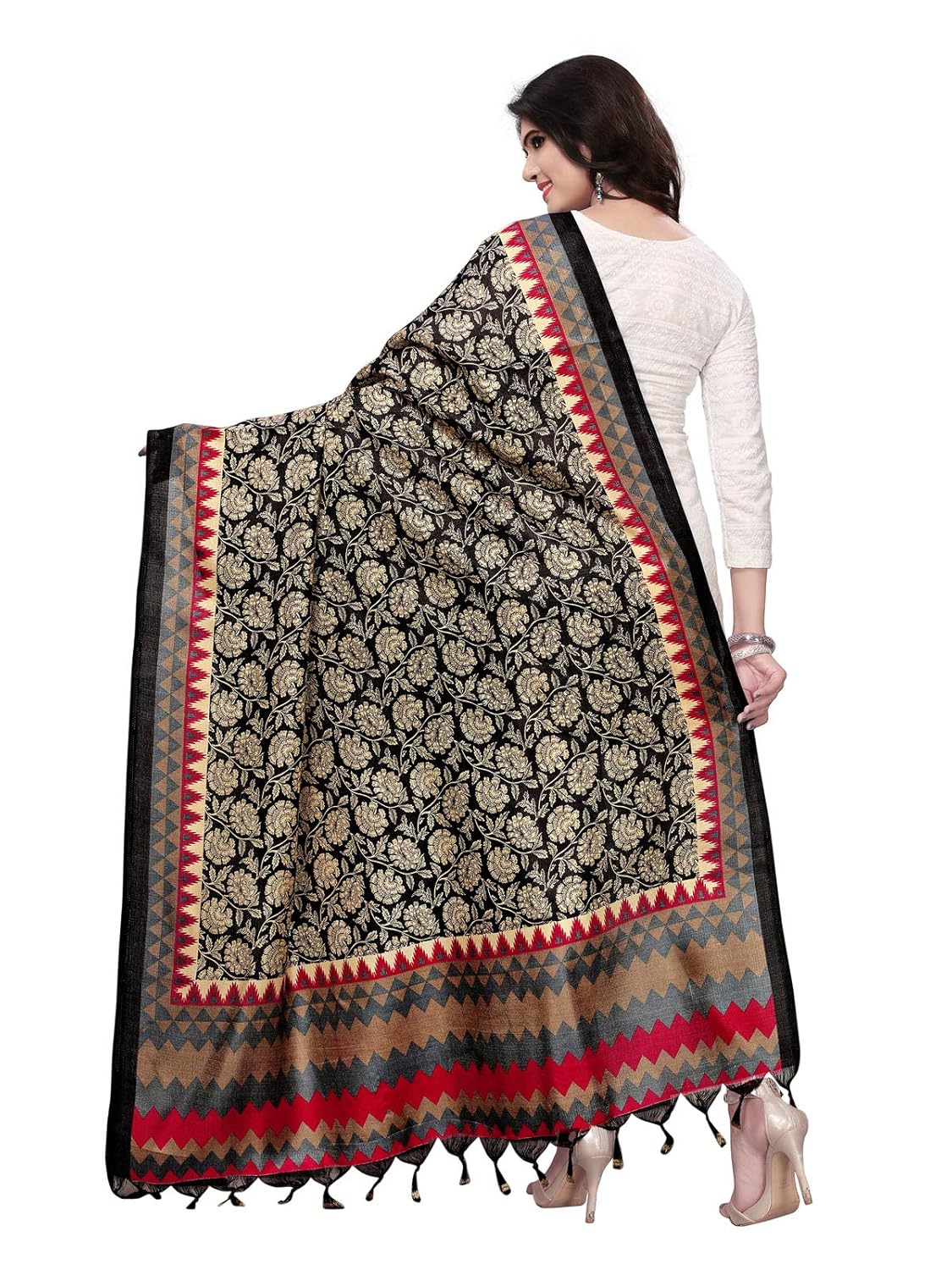 kanchnar women's balck and red and multi dupatta