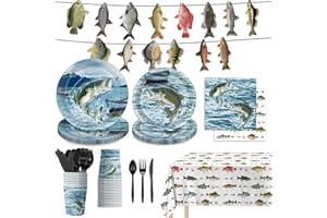 LINHAXM 170PCS Gone Fishing Party Decorations Fishing Birthday Party Decorations Include Plates, Cups, Cutlery, Banner, Tablecloth for Ofishally One Birthday Decorations, Serve 24