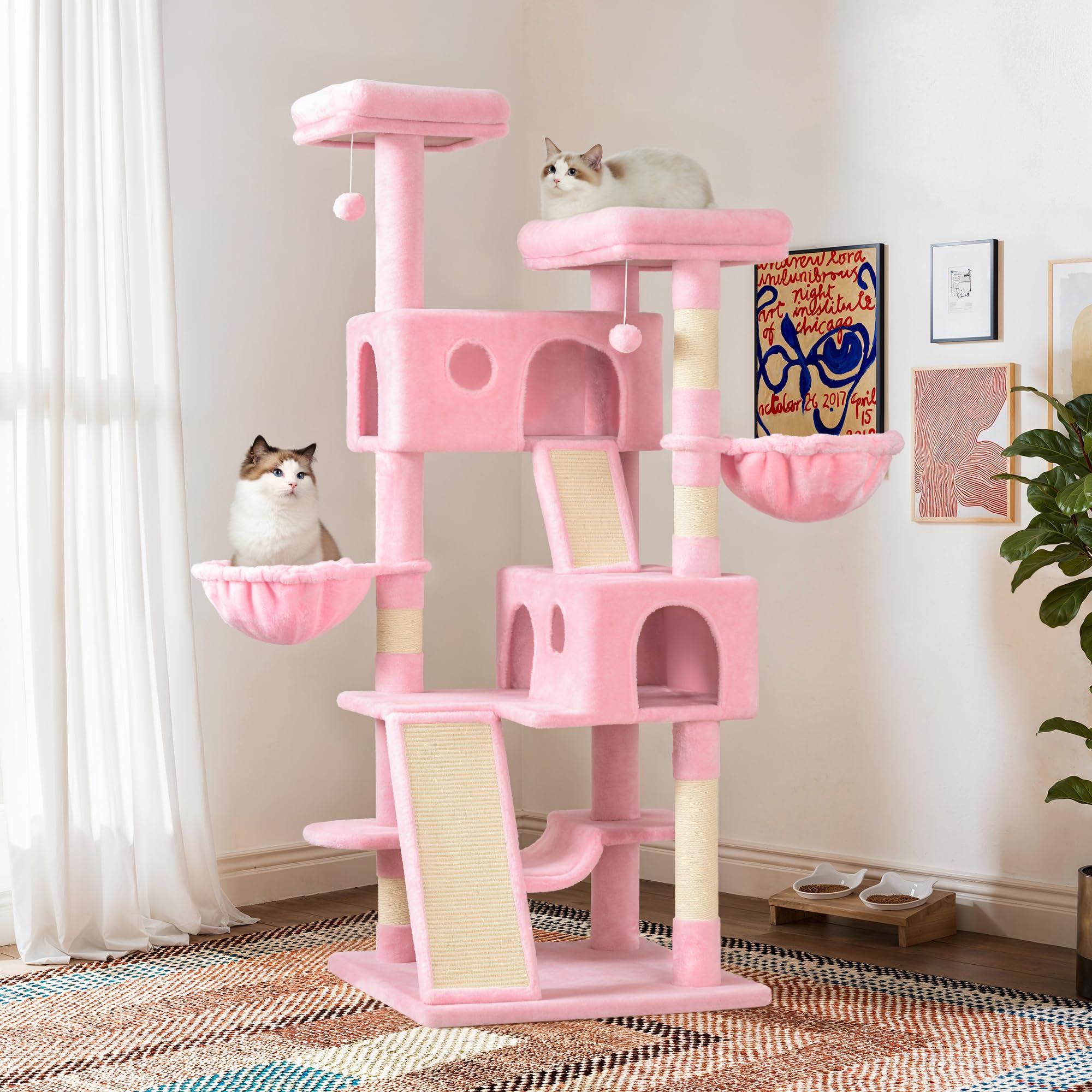 SHA CERLIN 65in Larger Cat Tree Tower Condo for Indoor Kitties/Multi-Level Furniture Activity Center with Wide Base/Cozy Plush Cat Perches/Baskets/Sisal Scratching Posts and Hammock/Pink Image