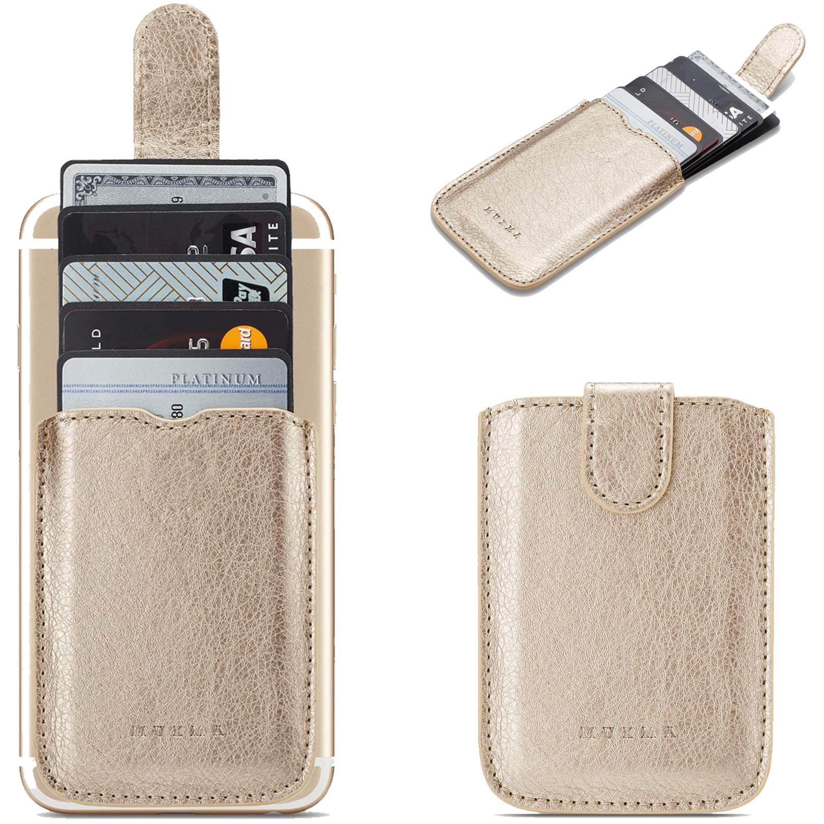 Phone Card Holder RFID Sleeve, Pu Leather Back Phone Wallet Stick-On Pull up 5 Card Holder Cards Cash for iPhone/Android/Samsung/All Smartphones (Gold)