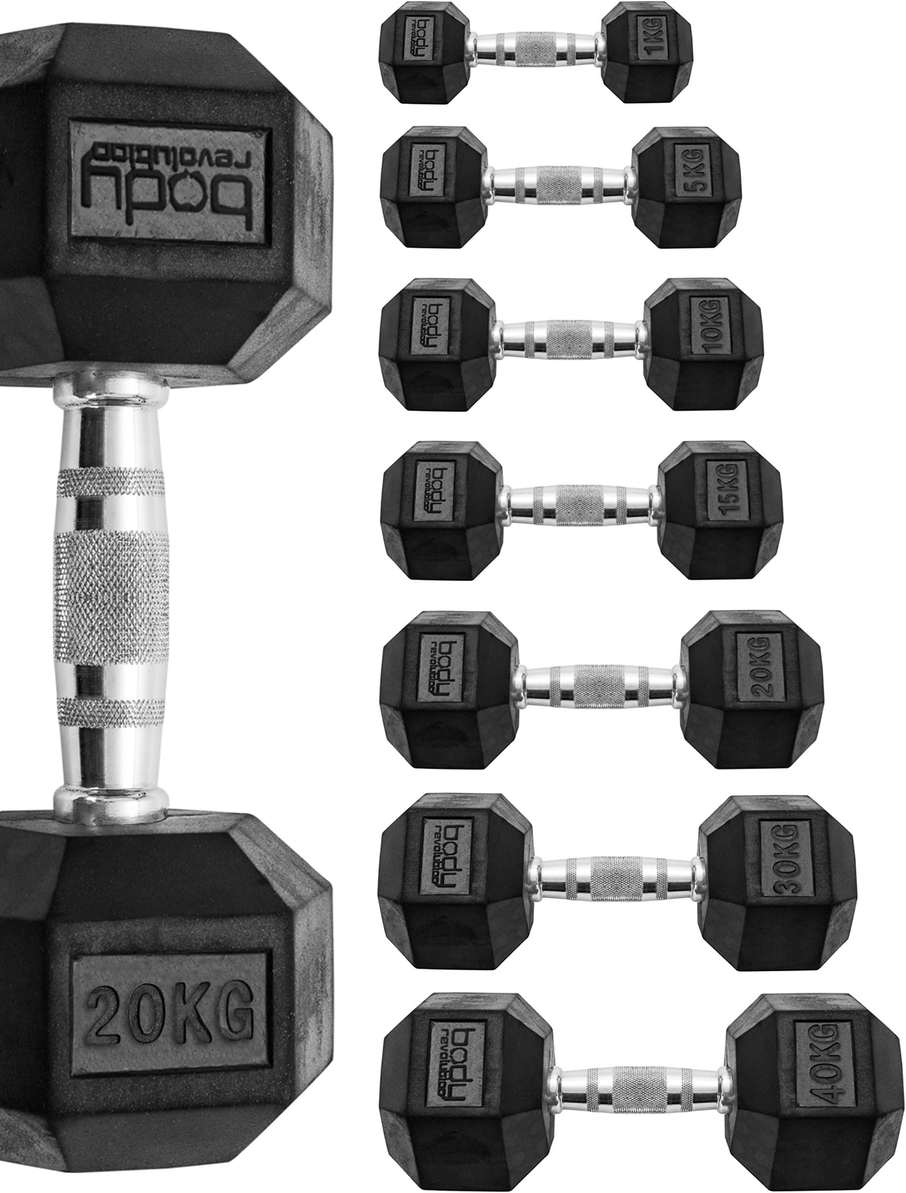 Body Revolution Hex Dumbbells – Rubber Encased Hexagonal Cast Iron Dumbbell Weight Set - Pairs, Singles and Combinations