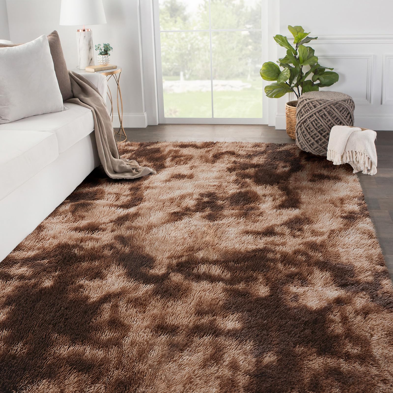 SOANNY Living Room Rug, Coffee Brown Soft Fluffy Tie-Dyed Shag Carpet for Bedroom Dorm Lounge, Non-Slip Washable Throw Rug for Home Decor, 120x180 cm — image 1