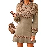 Youtalia Womens Knit Sweater Dress Fair Isle Lantern Sleeve Casual Crewneck Ribbed Pullover Sweaters Fall Winter Mini Dresses