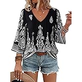 Youtalia Womens V Neck 3/4 Sleeve Bohemian Casual Blouses Loose Fit Tunic Tops Shirt Boho Floral Vacation Clothes
