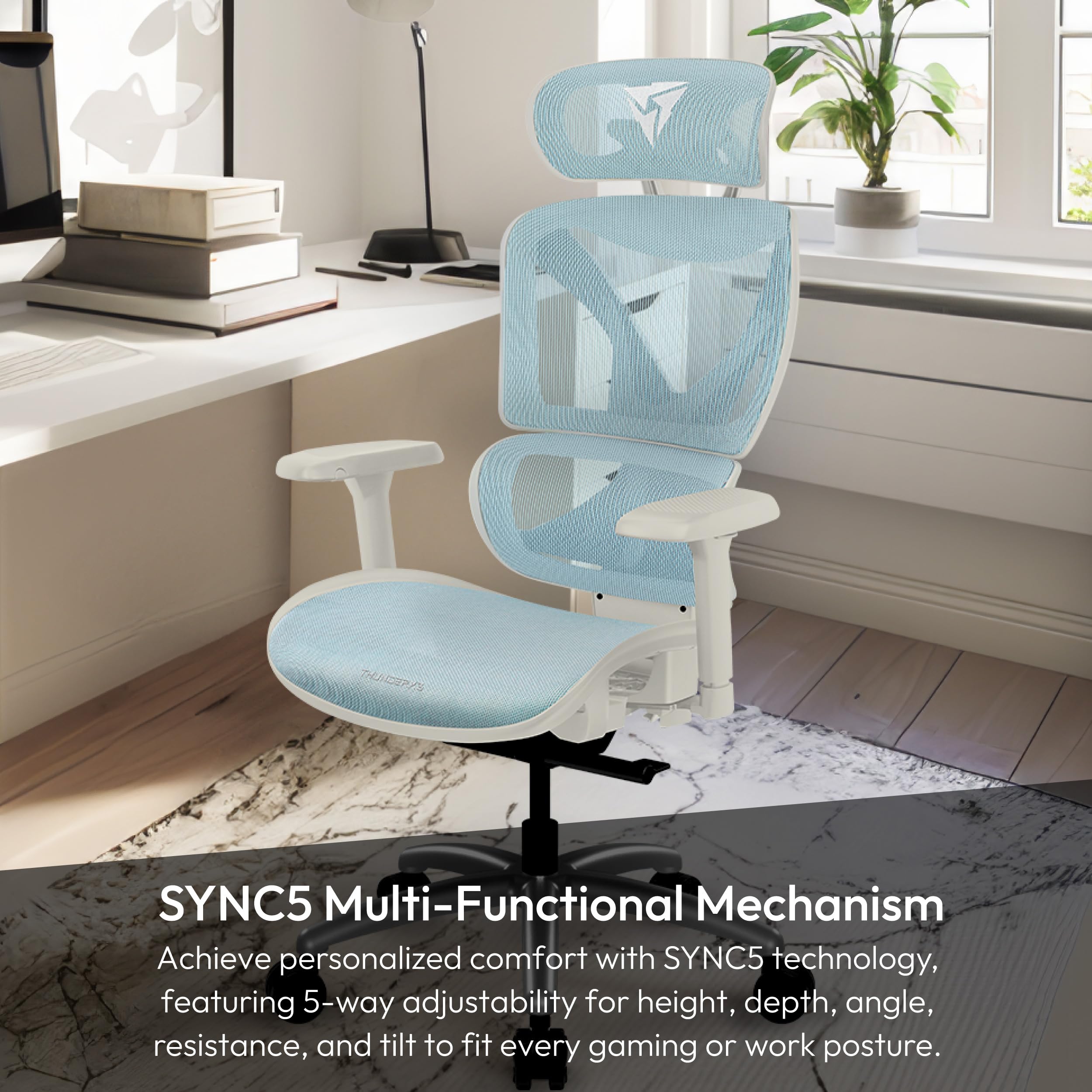 ThunderX3 XTC Mesh Weiß/Blau | Ergonomischer Bürostuhl – Verstellbarer Schreibtischstuhl mit hoher Rückenlehne, synchroner Wippmechanik & automatischer Lendenstütze – Gaming-Stuhl für Erwachsene 2