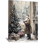 DRLWGTY Christmas Canvas Wall Art, Santa by Fireplace and Tree Christmas Pictures,Vintage Holiday wall Decor for Living Room Bedroom (Santa B, 16