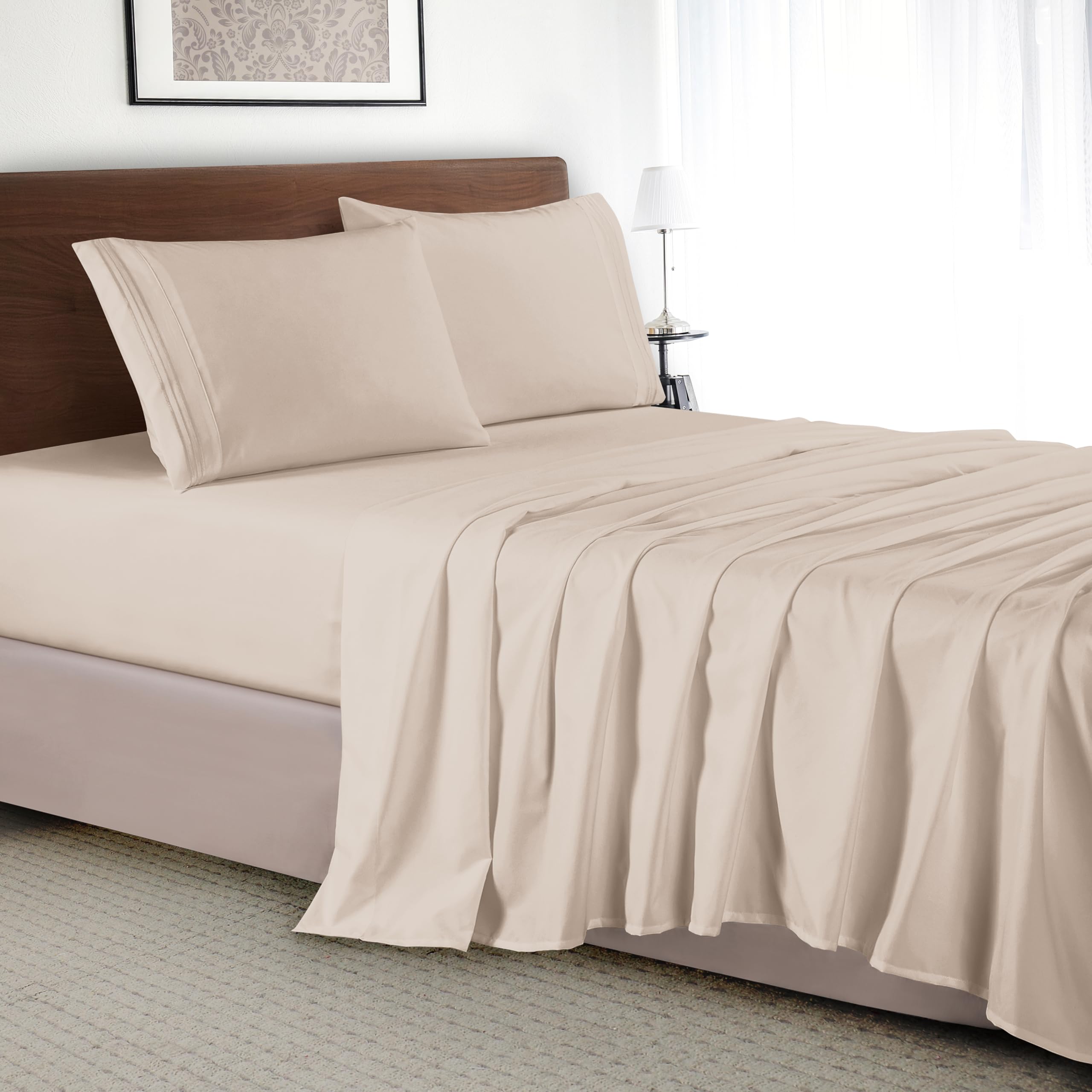 Elegant Comfort Luxury 4-Piece Bed Sheet Set - Luxury Bedding 1500 Premium Hotel Quality Microfiber, Wrinkle Resistant Cool & Breathable, Easy Elastic Fitted, Queen, Cream-Beige