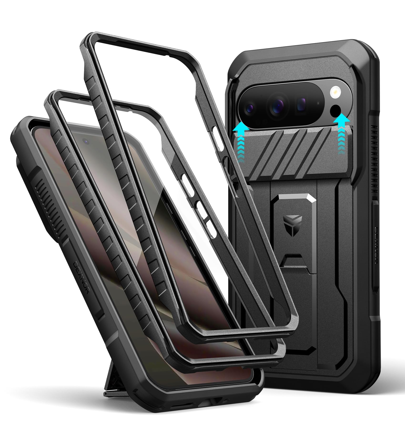 Dexnor for Google Pixel 10 Pro XL Case with Slide Camera Cover & 2 Front Frames & Built-in Screen Protector & Kickstand, Full-Body Shockproof Protective Cover Rugged Bumper Cases,Black(2025)