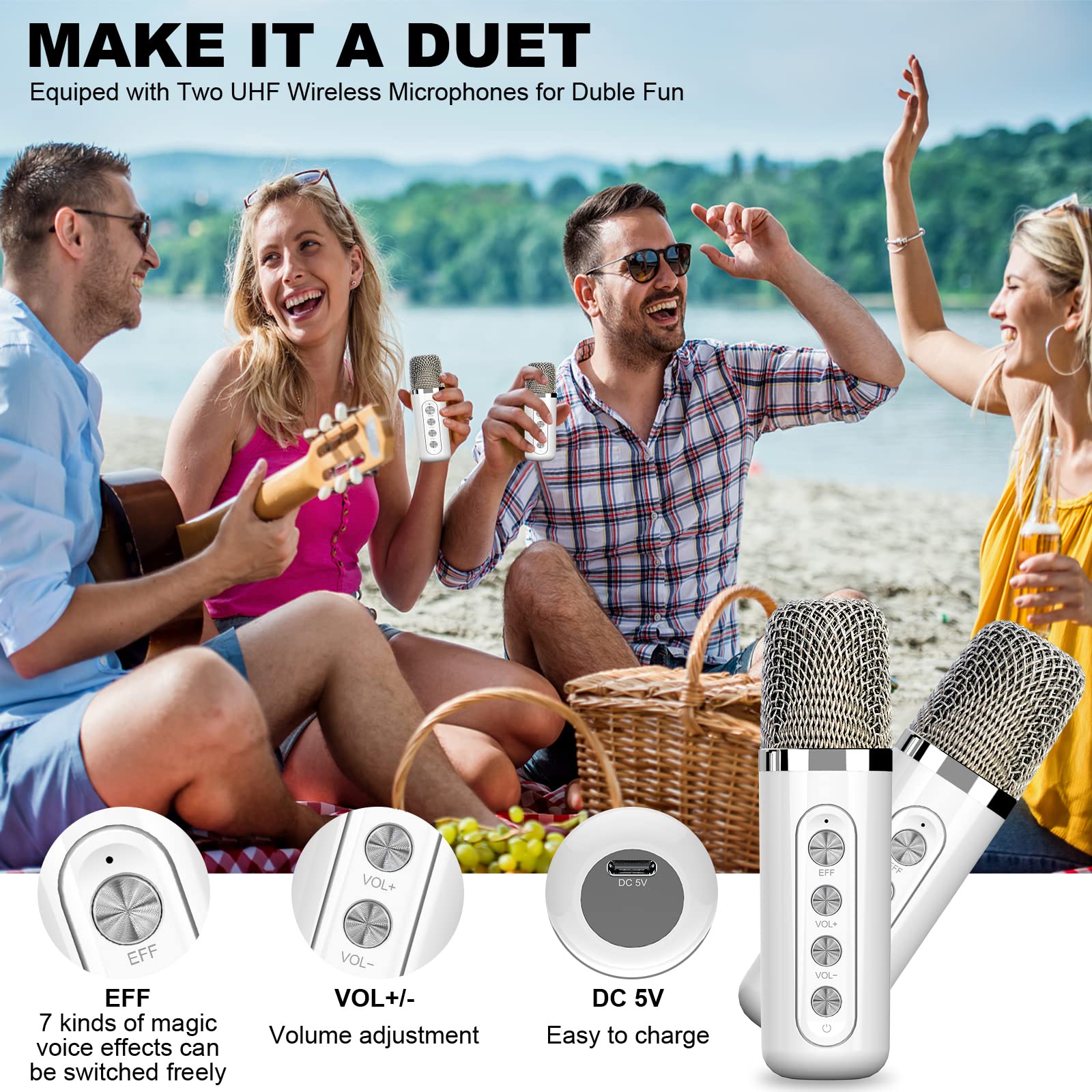 FULLIFE Karaoke Machine for Adults/Kids, 3000mAh Portable Bluetooth Karaoke Speaker with 2 Wireless Microphones, HD Karaoke PA System with Echo/Vocal Cut, Supports TF/USB/AUX-in, for Home Parties
