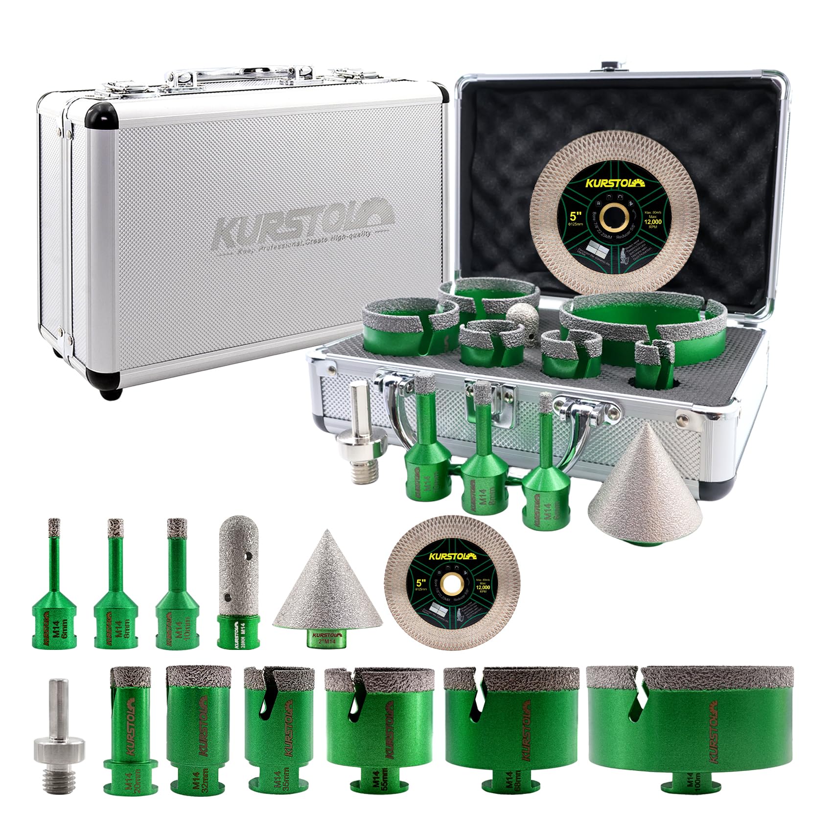 Diamant Fliesenbohrer Set - KURSTOL Diamantbohrer 6/8/10/20/32/35/55/68/100MM+20MM Fingerfräs Bit+50MM Fasenbits+125MM Trennscheibe+Dreiecks Adapter für Porzellan Keramik Fliesen Granit Marmor
