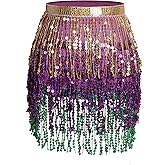 Bcxfbxd Women's Sequin Fringe Wrap Skirt Adjustable Belly Dance Skirt Fringe Wrap Dress Sequin Skirts for Ladies Mardi Gras