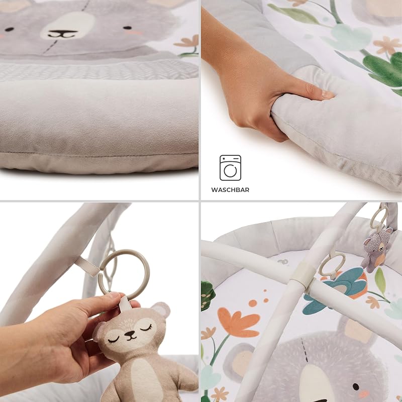 COZYPLAY Spielmatte für Babys, Spieldecke mit Aktivierende 4 Spielzeugen, Praktisch - maschinenwaschbar, 2 weiche Spielbögen, Komfortable Lagerung