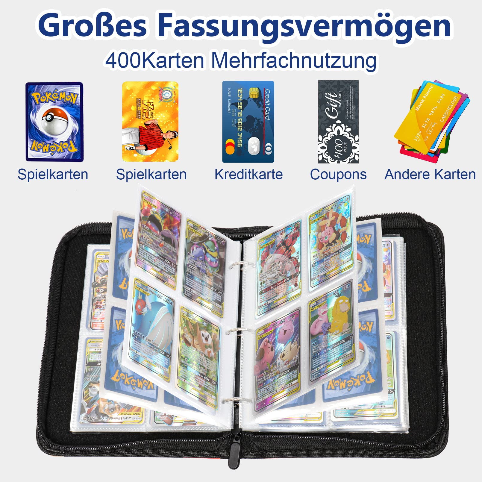 Sammelalbum für Pokemon,Karten Sammelalbum Passt für 400 Karten mit 50 Abnehmbaren Hüllen, PU-Material mit wasserdichter Oberfläche, Album Heft binder für Pokemon Karten 50 Pcs Seite 5