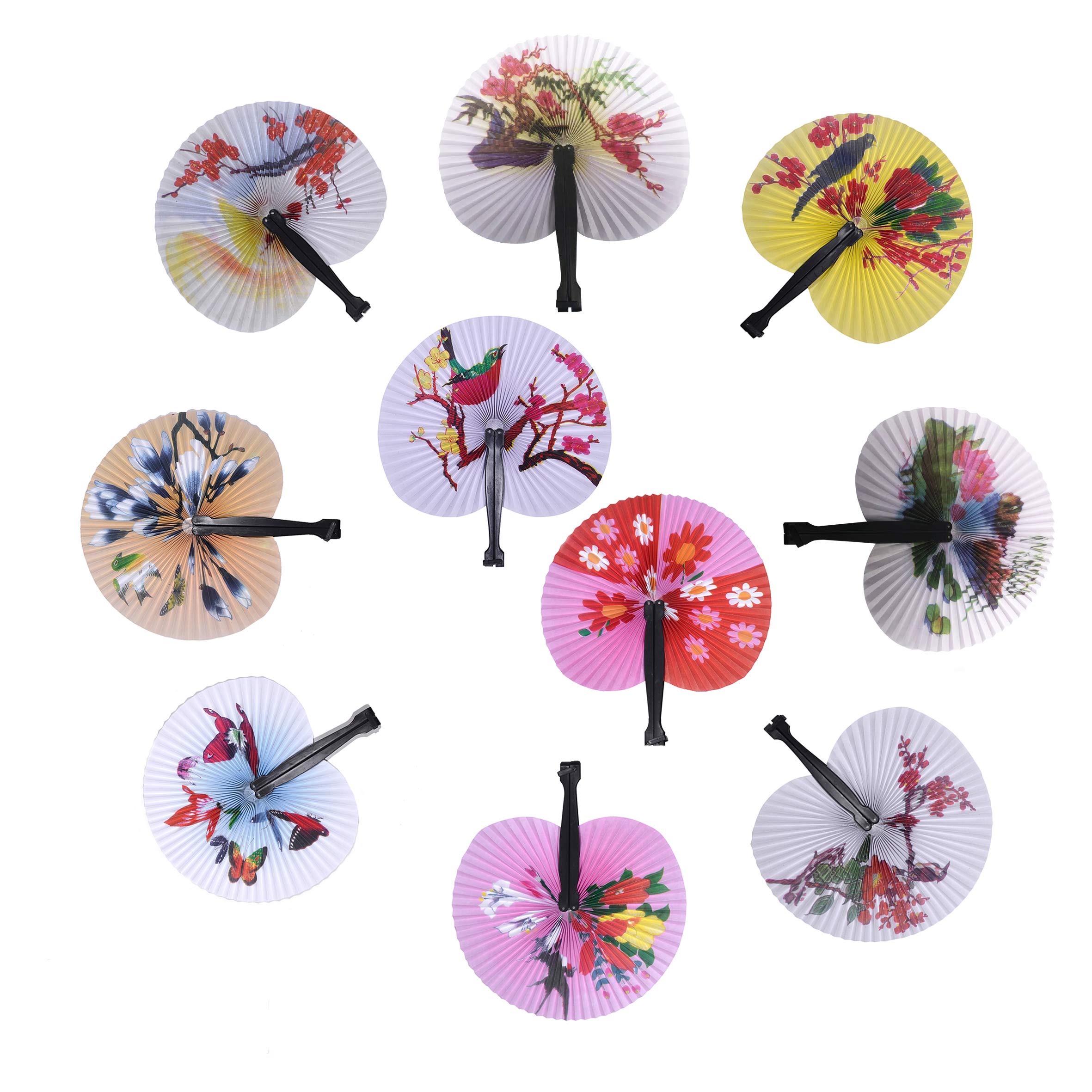 Bestage 20 Pcs Folding Handheld Fans Paper Chinese Oriental Floral Wedding Round Shaped Accordion Fans Assortment with Plastic Handle for Birthday Party Favors Supplies(Black Handle)