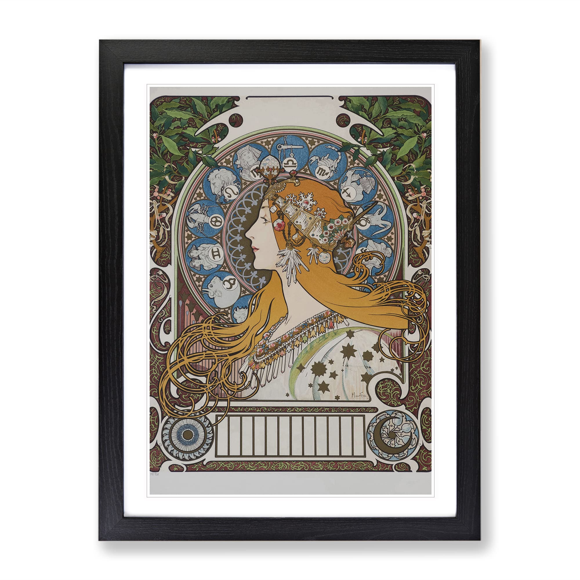 The Zodiac Vol.1 By Alphonse Mucha Classic Painting Framed Wall Art Print, Ready to Hang Picture for Living Room Bedroom Home Office Décor, Black A3 (34 x 46 cm)