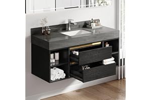 DWVO 48 Inch Black Floating Vanity Bathroom with Grey Sintered Stone, Wall Mounted Vanity with Ceramic Sink Included 2 Drawers and Shelves, Soft-Close Design