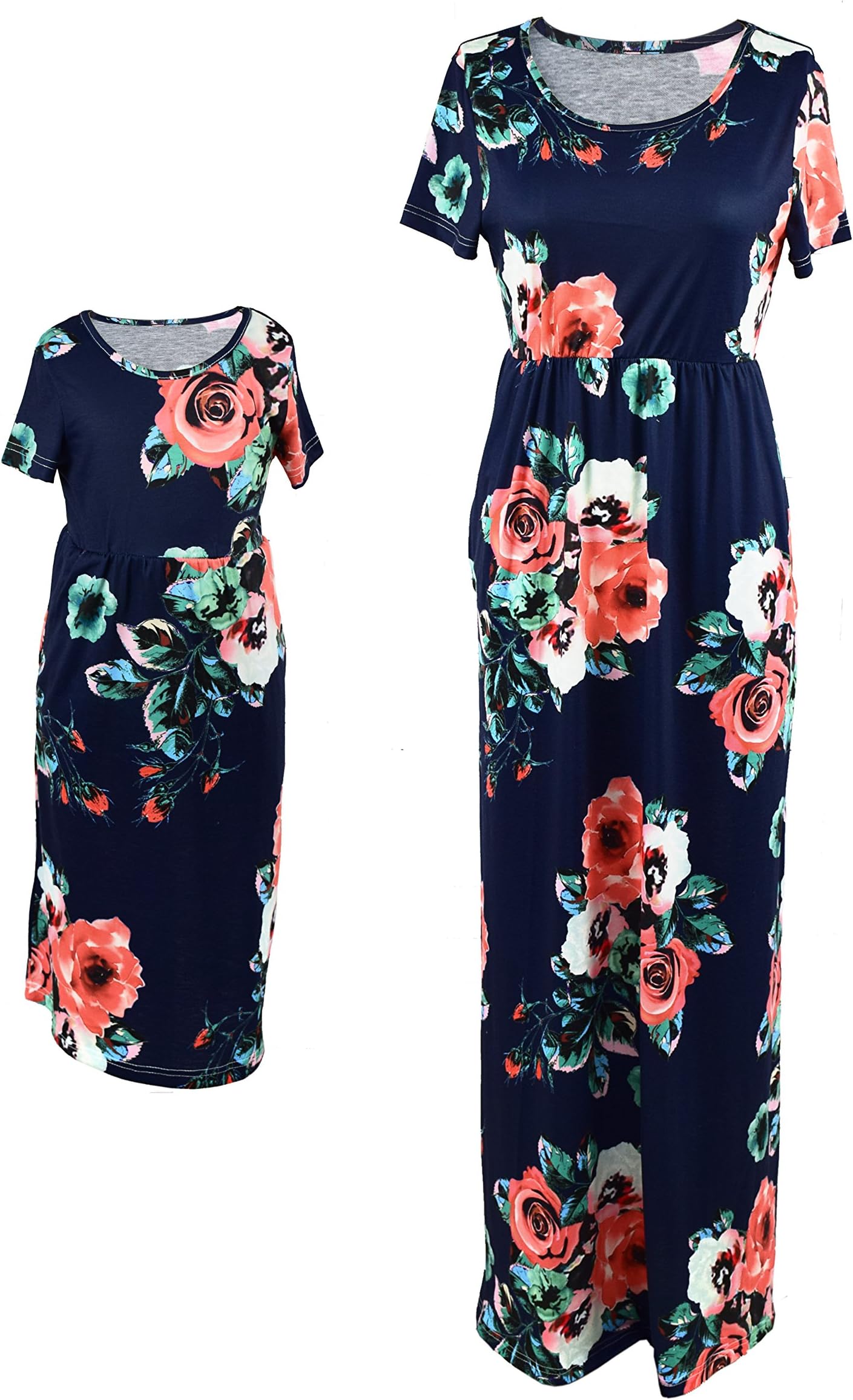 Mother Daughter Short Sleeve Family Matching Floral Maxi Dress Sets