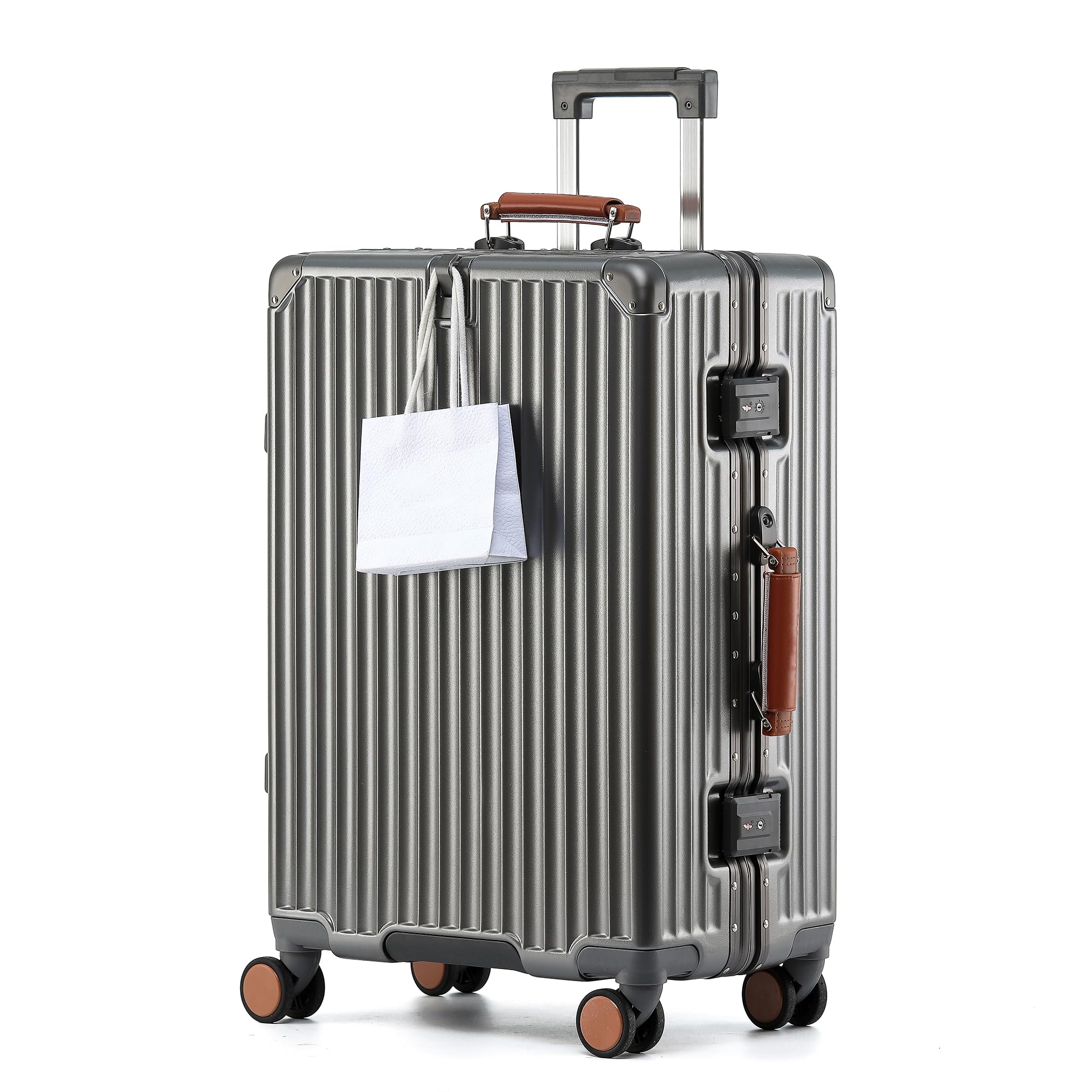 Photo 1 of 24 Inch Hardside Checked Luggage with Leather Handle, PC Zipperless Suitcase with Spinner Wheels and TSA Locks, Lightweight Checked Luggage for Travel, Grey