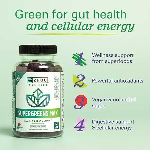 ZHOU SUPERGREENS MAX GUMMIES, GREENS ANTIOXIDANT BLEND, SUPERFOOD SUPPORT SUPPLEMENT, DIGESTION AND IMMUNE HEALTH, CELLULAR ENERGY, PREBIOTIC AND PROBIOTIC BLEND, NO ADDED SUGAR, 60 VEGAN GUMMIES
