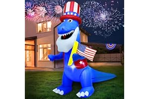 AMENON 4 Ft 4th of July Inflatable Dinosaur Holding American Flag Outdoor Decorations with LED Lights Patriotic Red White and Blue Uncle Sam Blow Up Decor for Yard Garden Patio Lawn Holiday Party