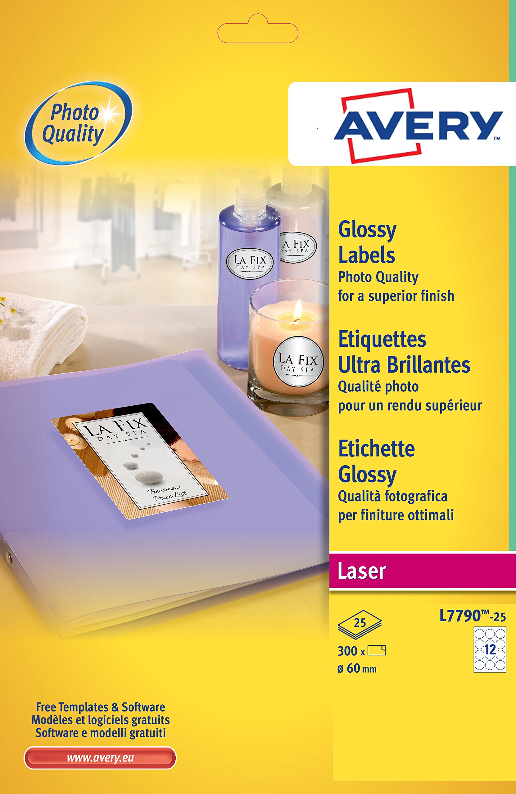 Avery L7790-25 Glossy Round Labels for Laser Printers (60 mm Dia Round Labels, 12 Labels Per A4 Sheet, 25 Sheets)