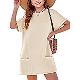CharmWM Girls Waffle Knit Swimsuit Coverup Fashion Crewneck Short Sleeve Beach Bathing Suit Dress with Pockets 5-14 Years