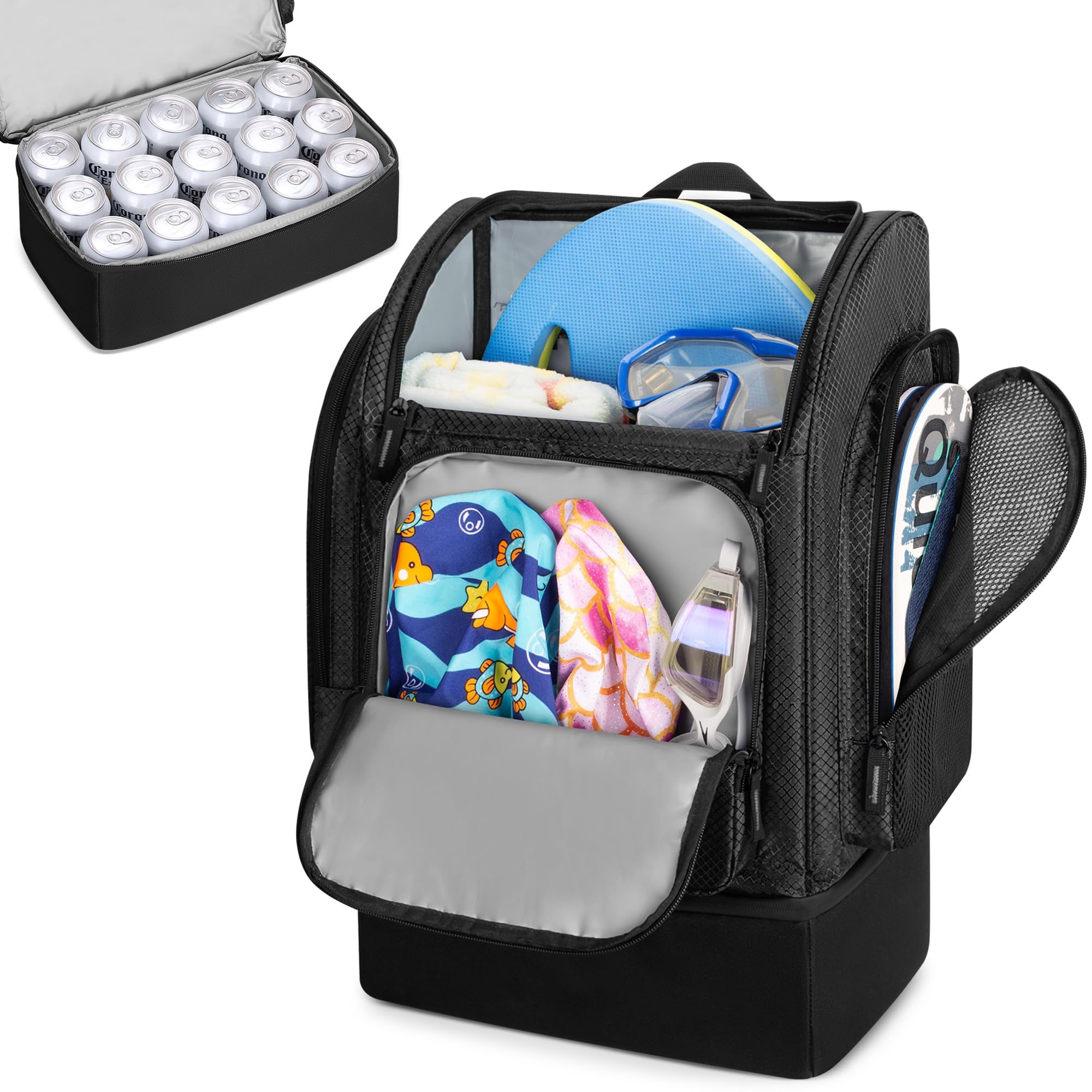 Photo 1 of **MINOR DAMAGE/ONE OF THE ZIPPERS NEEDS REPLACING** Fasrom Mesh Beach Backpack with Insulated Cooler Compartment, Wet Dry Separation Beach Bag, Large Capacity Tote for Swim, Pool, Picnic, or Sports, Black (Empty Bag Only, Patent Design)