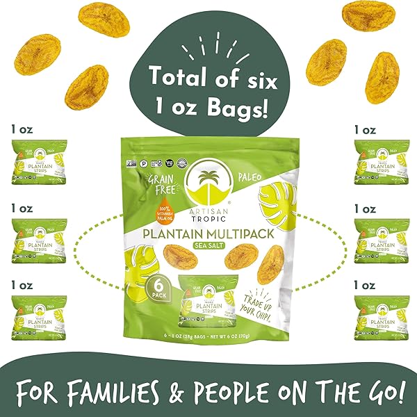 ARTISAN TROPIC PLANTAIN STRIPS SEA SALT – 6 PACK, 1OZ – VEGAN, PALEO, GLUTEN FREE CHIPS – INDIVIDUAL BAGS HEALTHY SNACKS FOR SCHOOL, GYM, KIDS – WHOLE 30 APPROVED FOODS BAKED BANANA CHIPS