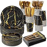 FoldTier 350 Pcs Black and Gold Disposable Dinnerware Set for 50 Guests, Include 100 Paper Plates 50 Napkins 50 Cups 50 Gold Plastic Cutlery Set, Marble Design Dinnerware for Party Wedding