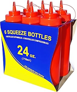 New Star Foodservice 26405 Squeeze Bottles, Plastic, Wide Mouth, 24 oz, Red, Pack of 6