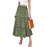 Hibluco Women's Floral Midi Skirts Elastic High Waist A-Line Swing Skirts