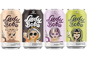 (Pack of 4) Lady Boba 4 Cans. Milk Bubble Tea with Boba Pearls in a Can (10.7oz/can) with Saltation Thank You Card. Choose One from Variety of Flavors: Assorted, Classic, Brown Sugar, Taro, Matcha Latte. Ready To Drink Beverage. (Assorted)