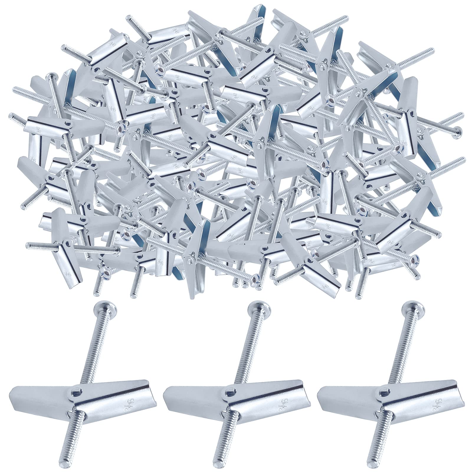Glarks 60Pcs 3/16'' Zinc Plated Steel Round Head Toggle Bolt and Wing Nut for Hanging Heavy Items on Drywall (3/16'')