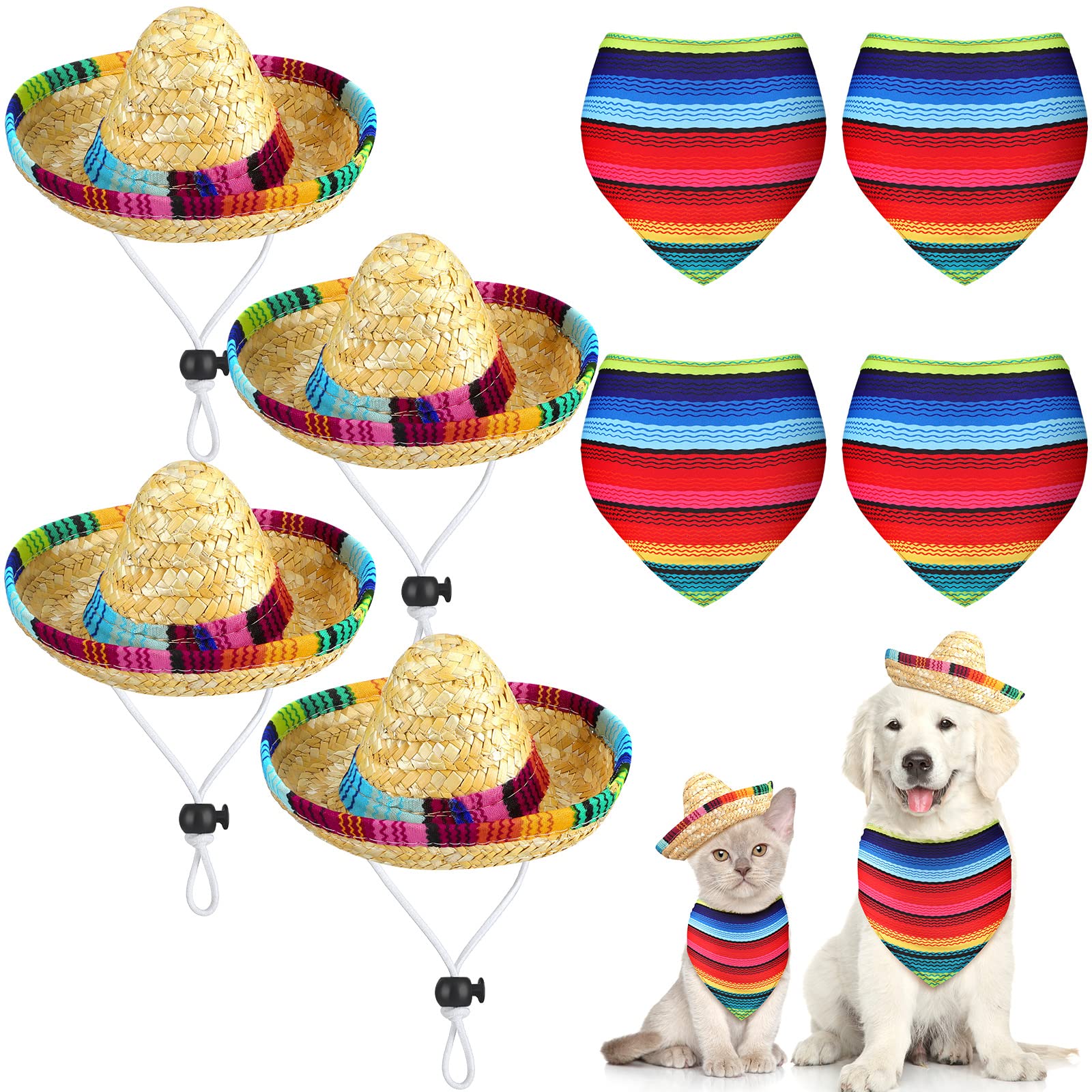 8 Pcs Mexican Dog Costume Sombrero Mexican Hats Dog Sombrero Hats and Colorful Stripe Dog Bandana Pet Triangle Bib Pet Scarf for Fiesta Cinco de Mayo Pets Accessories