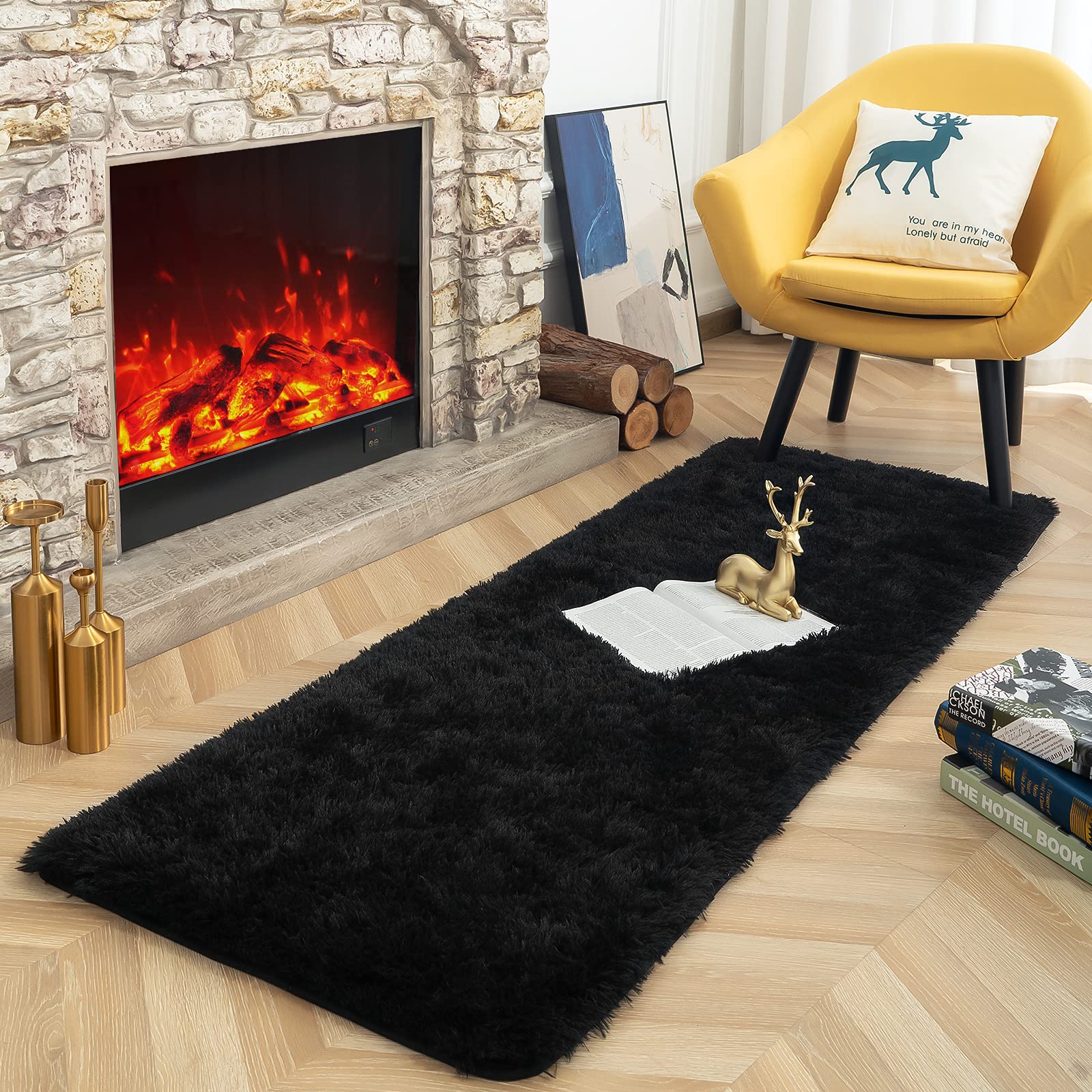 ISEAU Fluffy Soft Shaggy Area Rug for Kids Room, Fuzzy Carpet, Comfy Cute Nursery Rug, 2ft x 4ft, Black