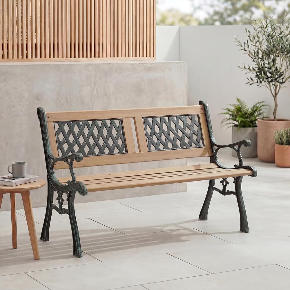 Garden Vida Twin Cross 3 Seater Garden Bench with Hardwood Slats & Cast Iron