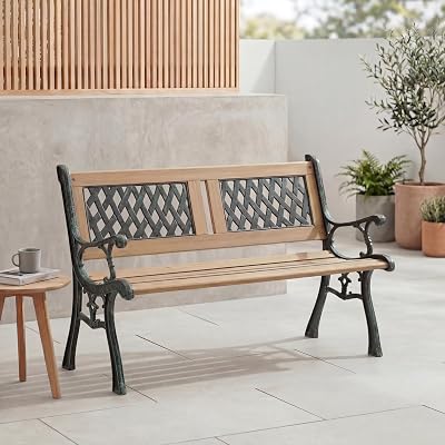 Garden Vida Twin Cross 3 Seater Garden Bench with Hardwood Slats & Cast Iron
