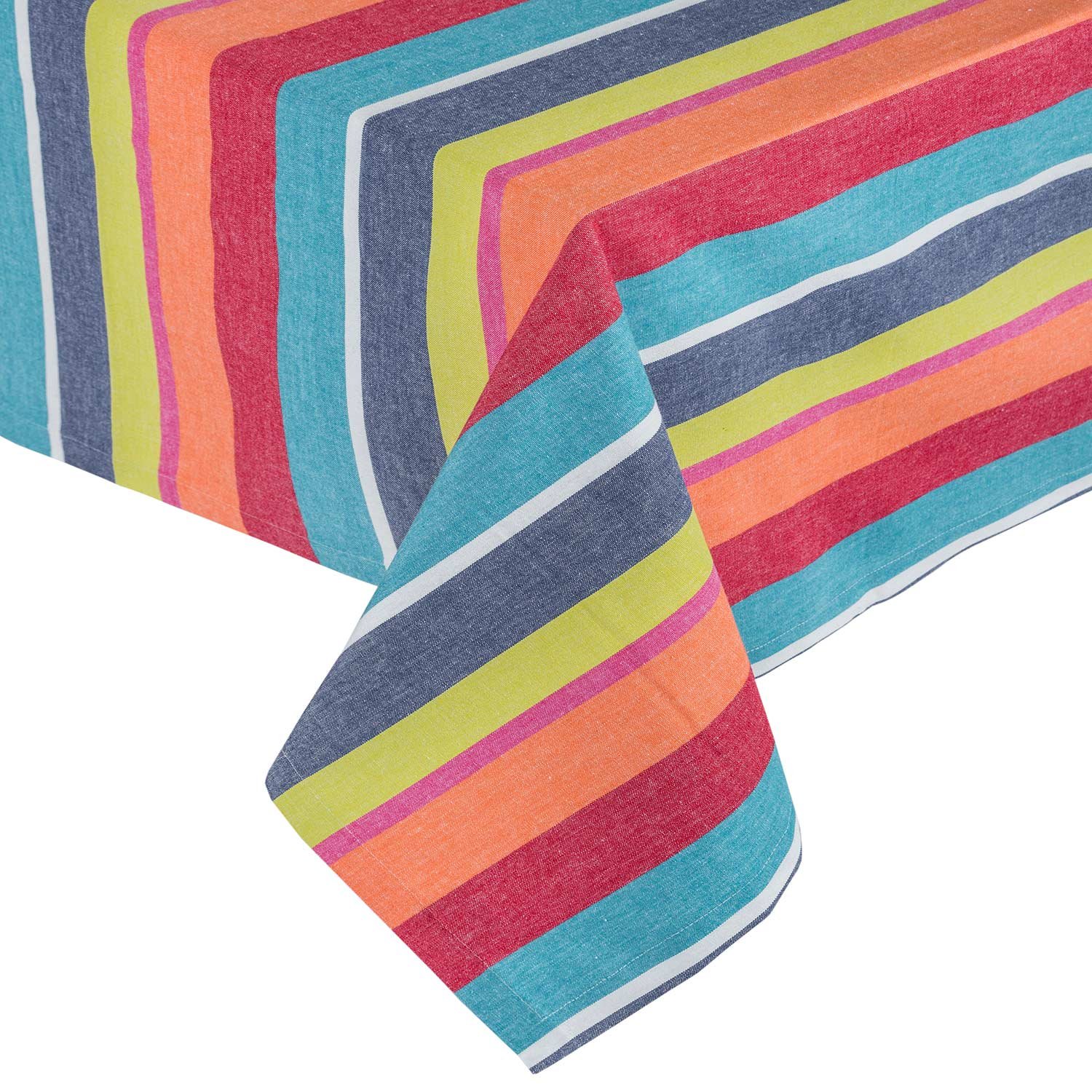 HOMESCAPES Cotton Table Cloth, Multi Striped Tablecloth, Rectangular, Handcrafted & Durable Dining Table Cover with Hem Stitch, Hypoallergenic, Washable, Orange, Green, Blue, Yellow - 137 x 178cm