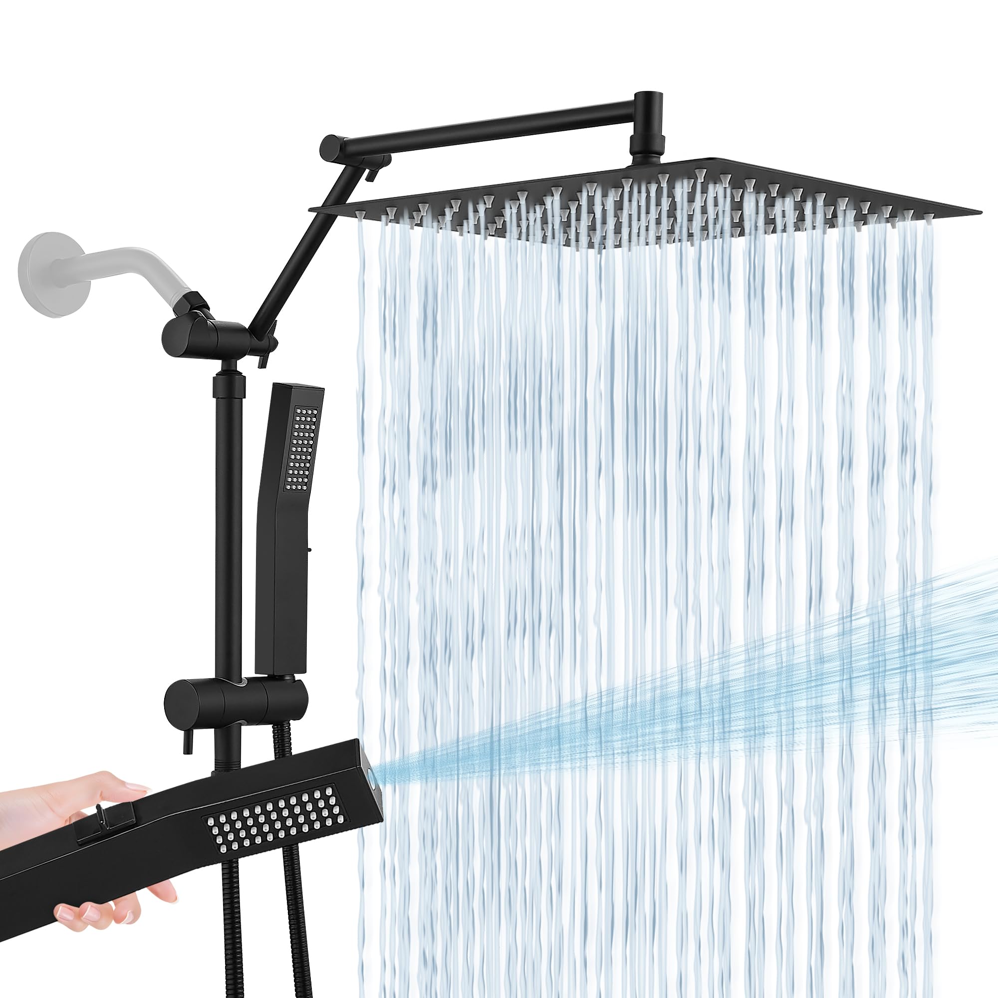 Photo 1 of All Metal 12 Inch Rain Shower Head with Handheld Spray Combo, High Pressure Waterfall Rainfall Square Shower Heads with 16" Adjustable Extension Arm, Dual Showerhead with 3-Way Diverter, Matte Black