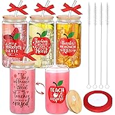 Jingmore 4 Set Teacher Appreciation Gifts 16 oz Thank You Cups for Women Glass Coffee Cups Bulk with Bamboo Lids Straw and a Roll of Ribbon for Teacher Appreciation Gift