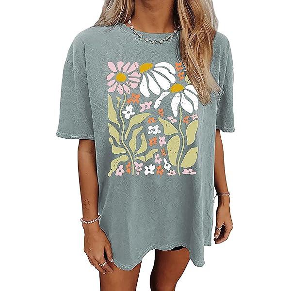 Mzkdieey Women's Daisy Shirts Oversized 3/4 Sleeve T Shirt